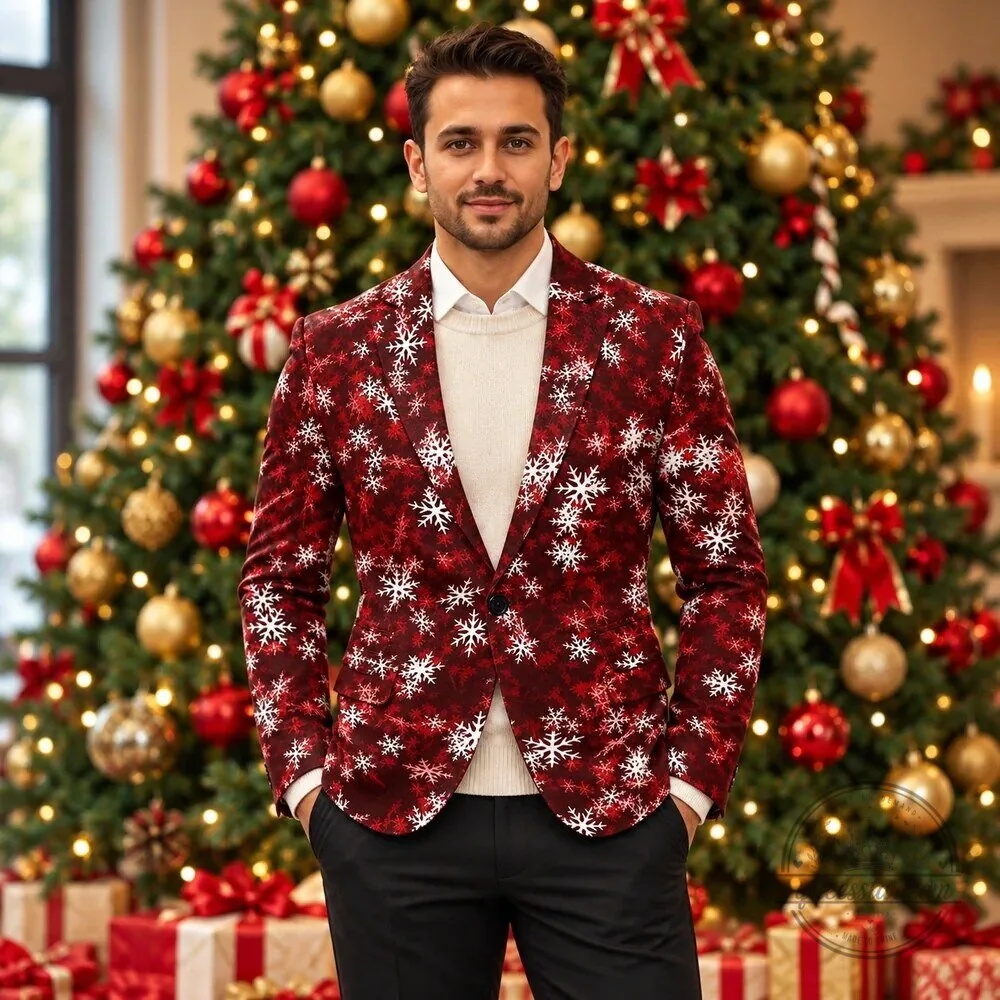 Men's Red Snowflake Christmas Holiday Party Blazer Jacket 10 Men