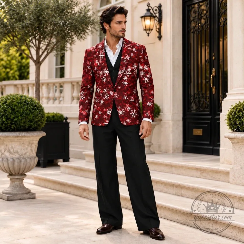 Men's Red Snowflake Christmas Holiday Party Blazer Jacket 11 Men