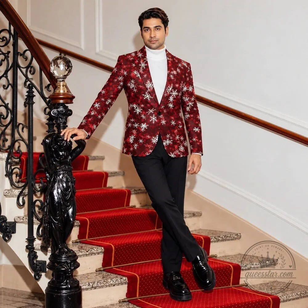 Men's Red Snowflake Christmas Holiday Party Blazer Jacket 13 Men