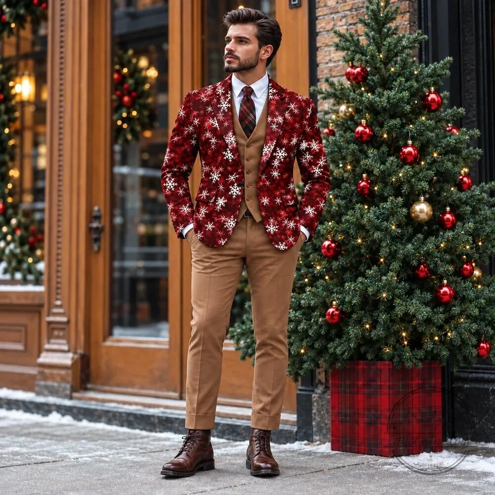 Men's Red Snowflake Christmas Holiday Party Blazer Jacket 14 Men