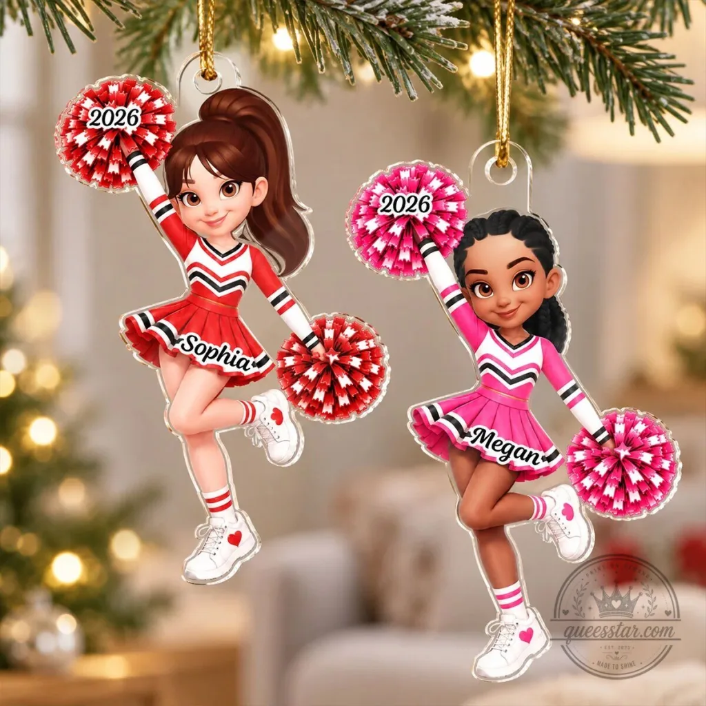 Personalized Cheerleader Girl Christmas Tree Ornament with Custom Name and Year Personalized Cheerleader Girl Christmas Tree Ornament with Custom Name and Year