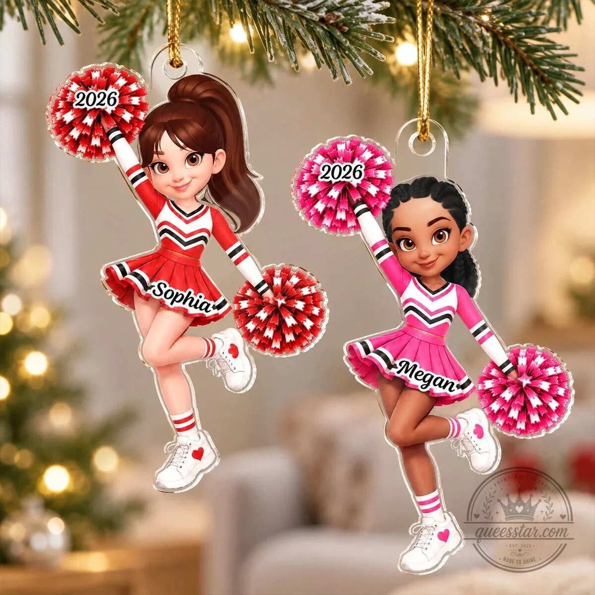 Personalized Cheerleader Girl Christmas Tree Ornament with Custom Name and Year