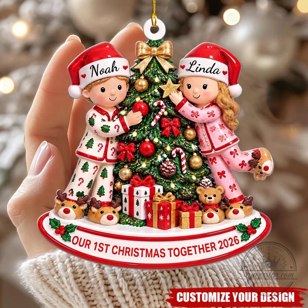 Our First Christmas Together Ornament with Personalized Couple in Festive Pajamas Our First Christmas Together Ornament with Personalized Couple in Festive Pajamas