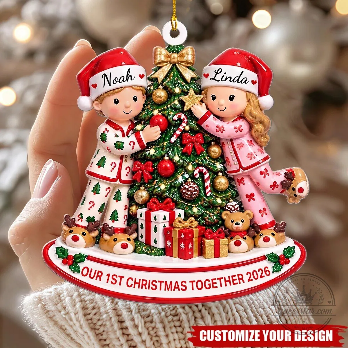 Our First Christmas Together Ornament with Personalized Couple in Festive Pajamas