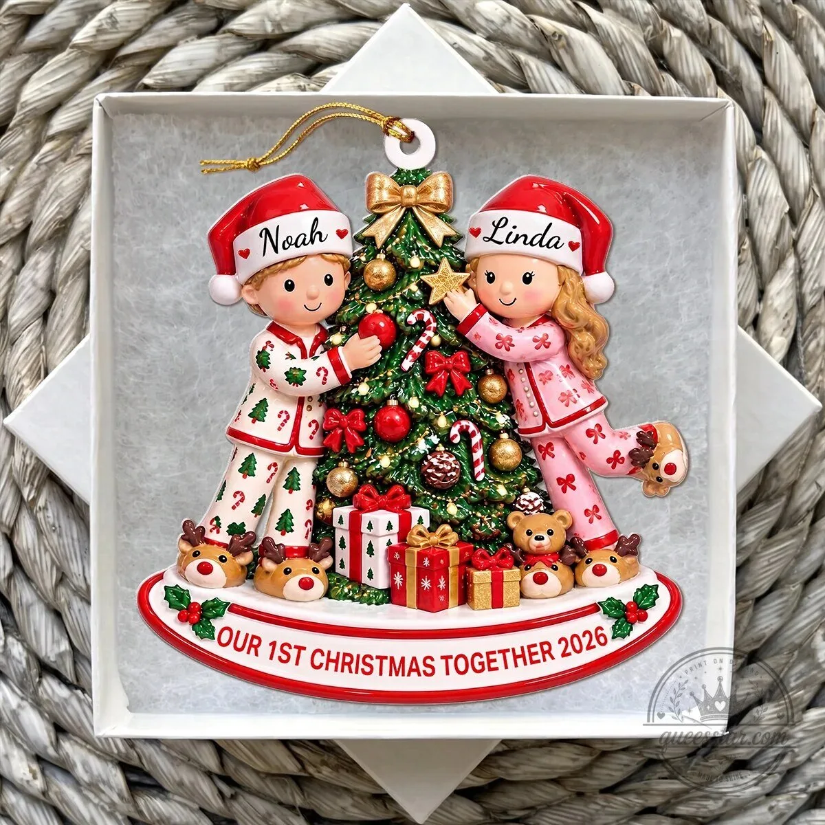 Our First Christmas Together Ornament with Personalized Couple in Festive Pajamas 3 Our First Christmas Together Ornament with Personalized Couple in Festive Pajamas