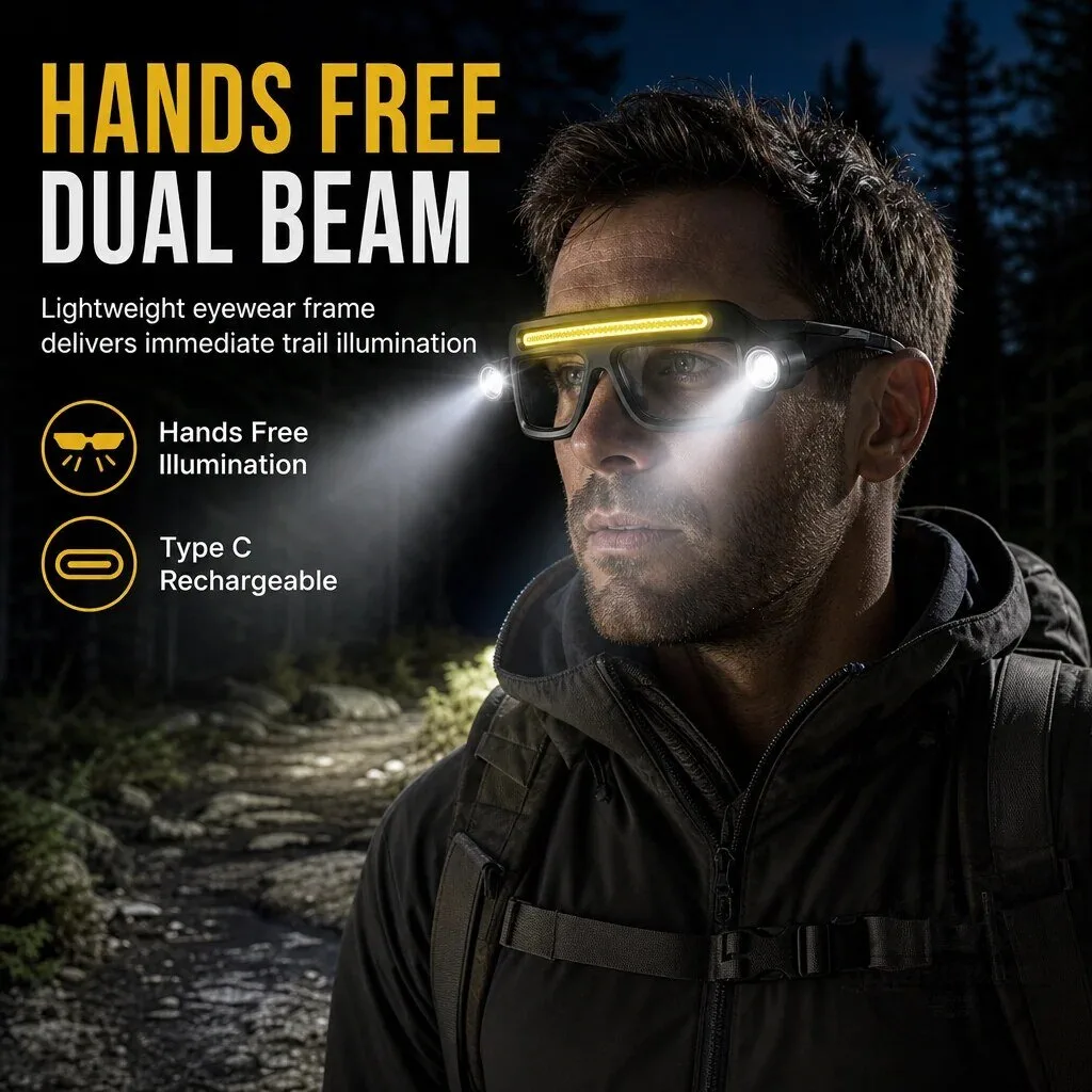Hands-Free Dual Beam Rechargeable LED Glasses Light for Hiking and Reading