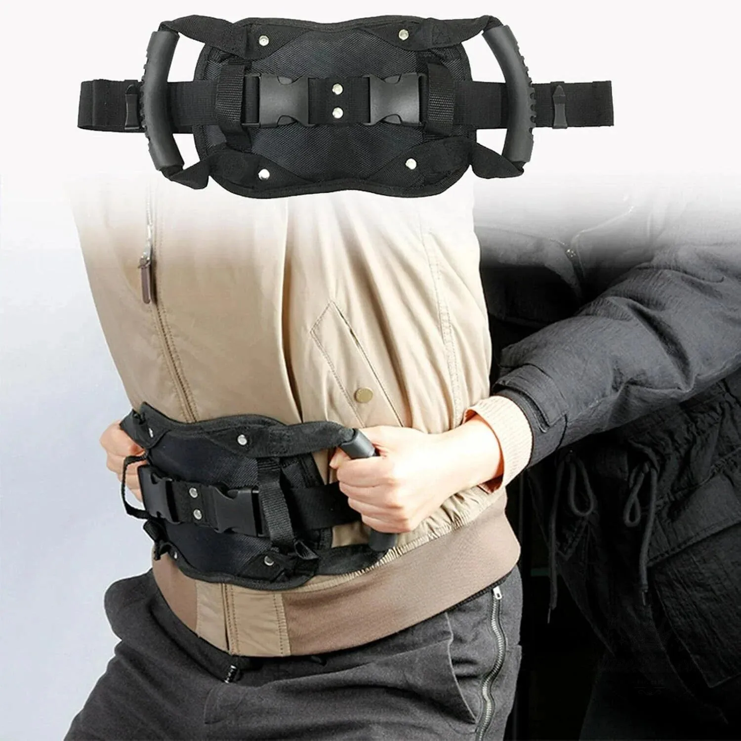 Motorcycle Passenger Safety Belt with Grab Handles Adjustable Rear Seat Grip Strap