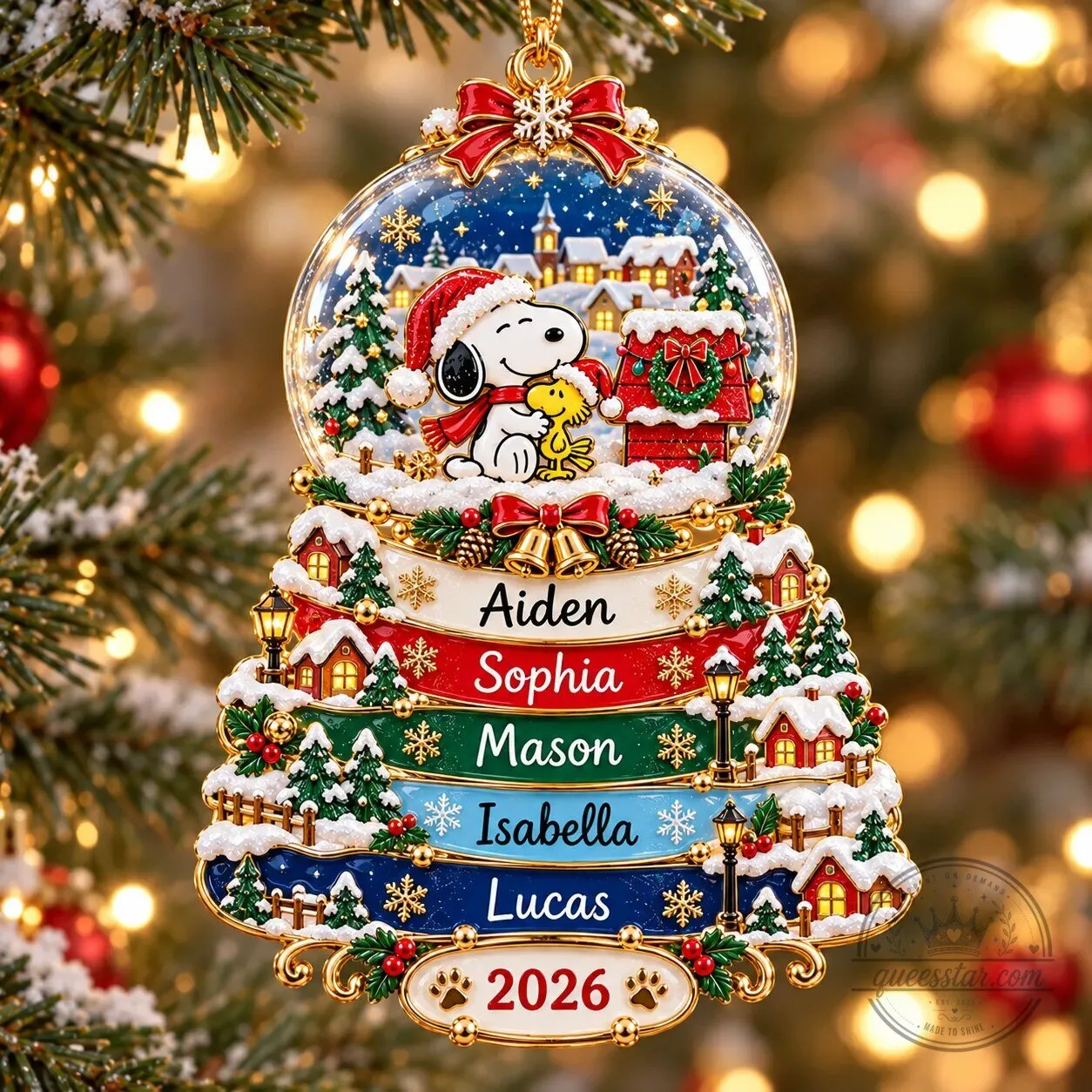 Snoopy and Woodstock Christmas Snow Globe Family Personalized Ornament