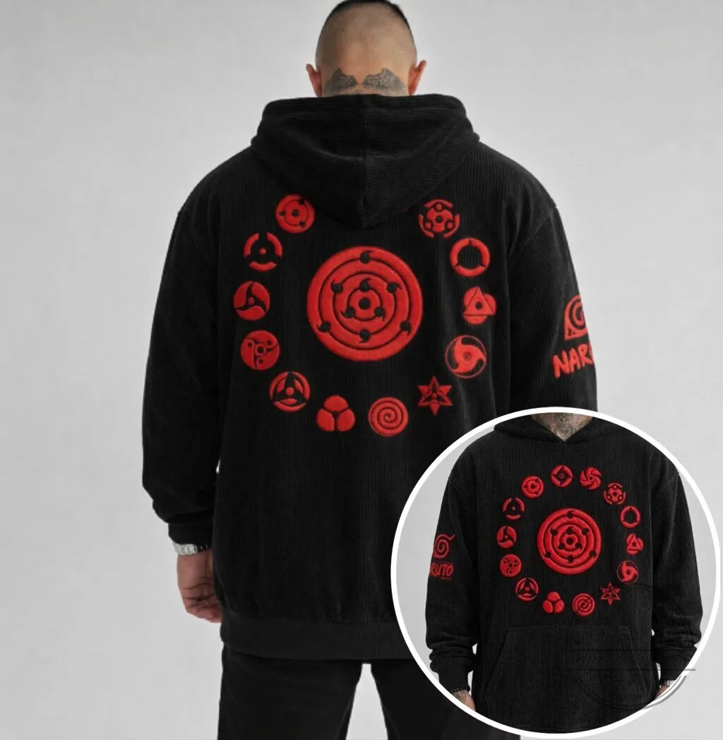 Naruto Shippuden Akatsuki Symbols Anime Embroidered Corduroy Hoodie