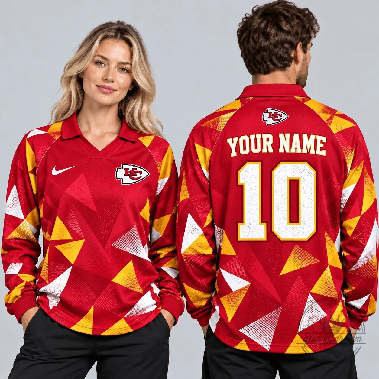 Kansas City Chiefs Abstract Triangle Camo Custom Name Number Long Sleeve Polo Shirt
