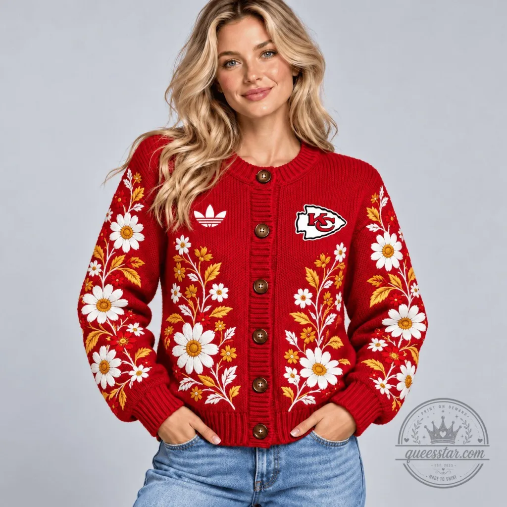Kansas City Chiefs Floral Daisy Blossom Red Button-Up Cardigan Sweater Kansas City Chiefs Floral Daisy Blossom Red Button-Up Cardigan Sweater