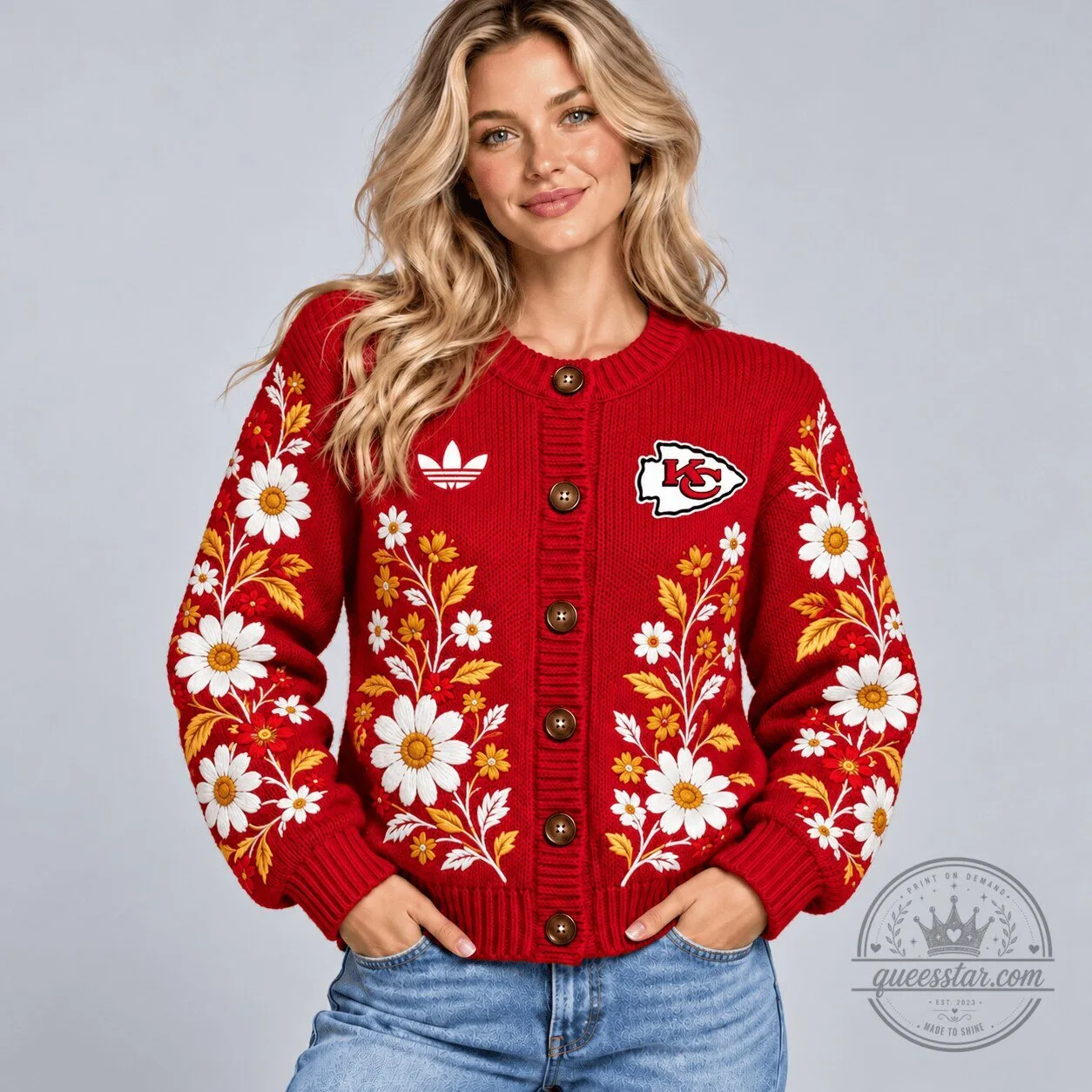 Kansas City Chiefs Floral Daisy Blossom Red Button-Up Cardigan Sweater 1 Kansas City Chiefs Floral Daisy Blossom Red Button-Up Cardigan Sweater