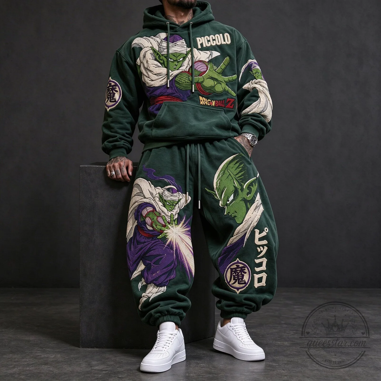 Dragon Ball Z Piccolo Anime Embroidered Oversized Green Hoodie