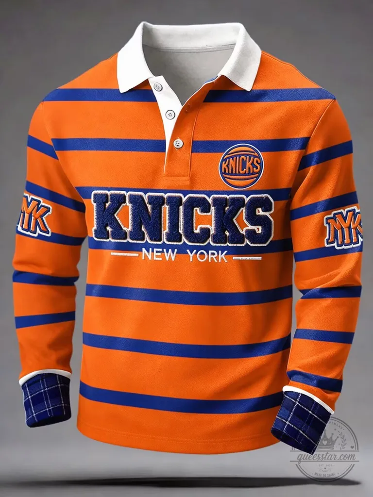 New York Knicks Orange Blue Striped Long Sleeve Polo Shirt for Men
