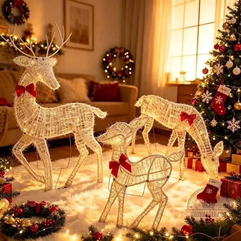Lighted Christmas Reindeer Family Set with Red Bows for Indoor Outdoor Decor
