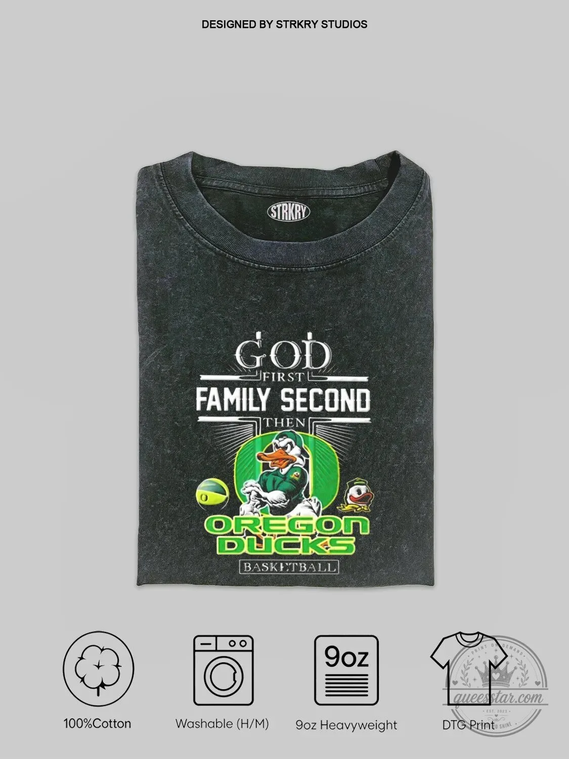 Oregon Ducks Basketball God First Family Second Black Washed Heavyweight T-Shirt