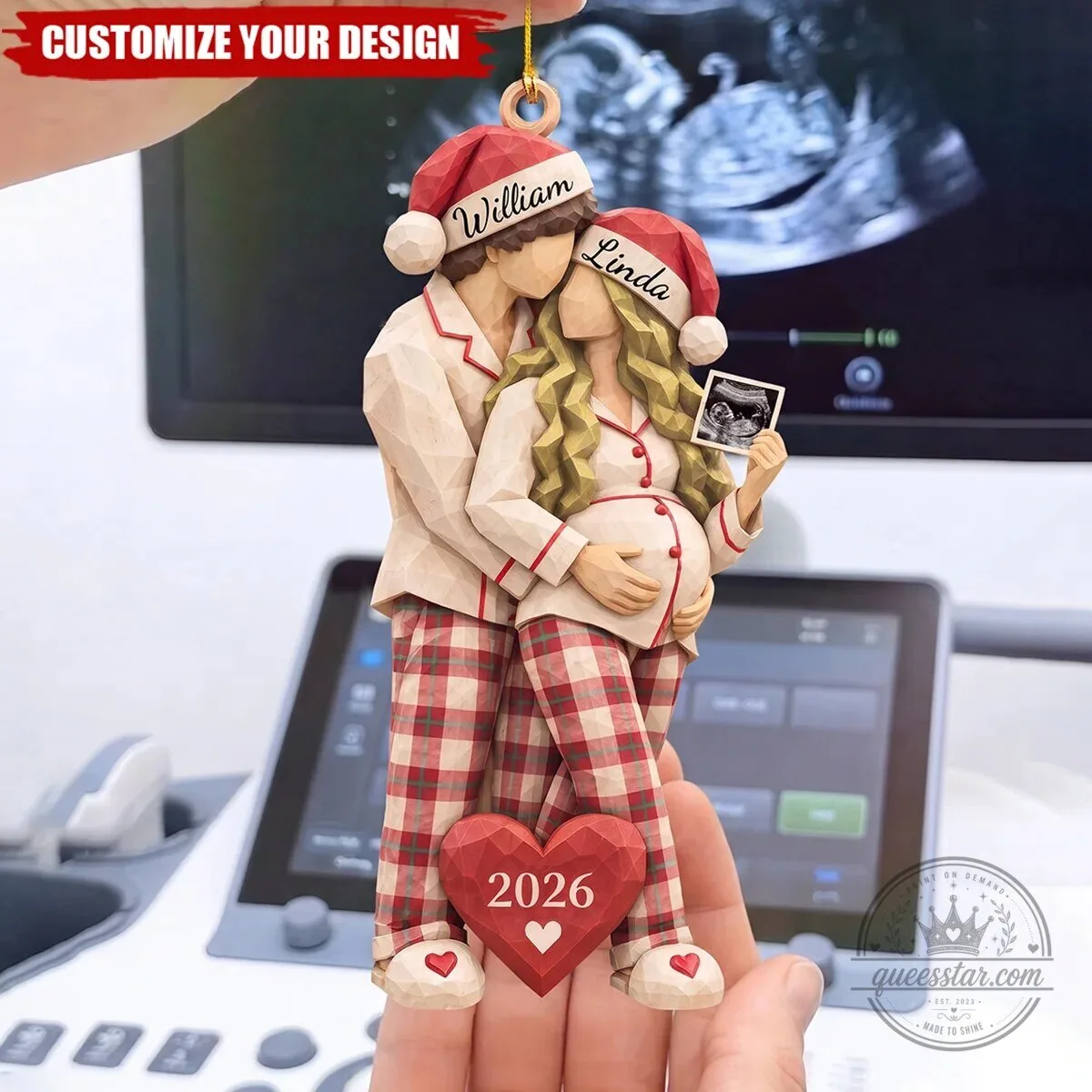 Personalized Expecting Parents Christmas Ornament with Ultrasound Photo and Custom Names