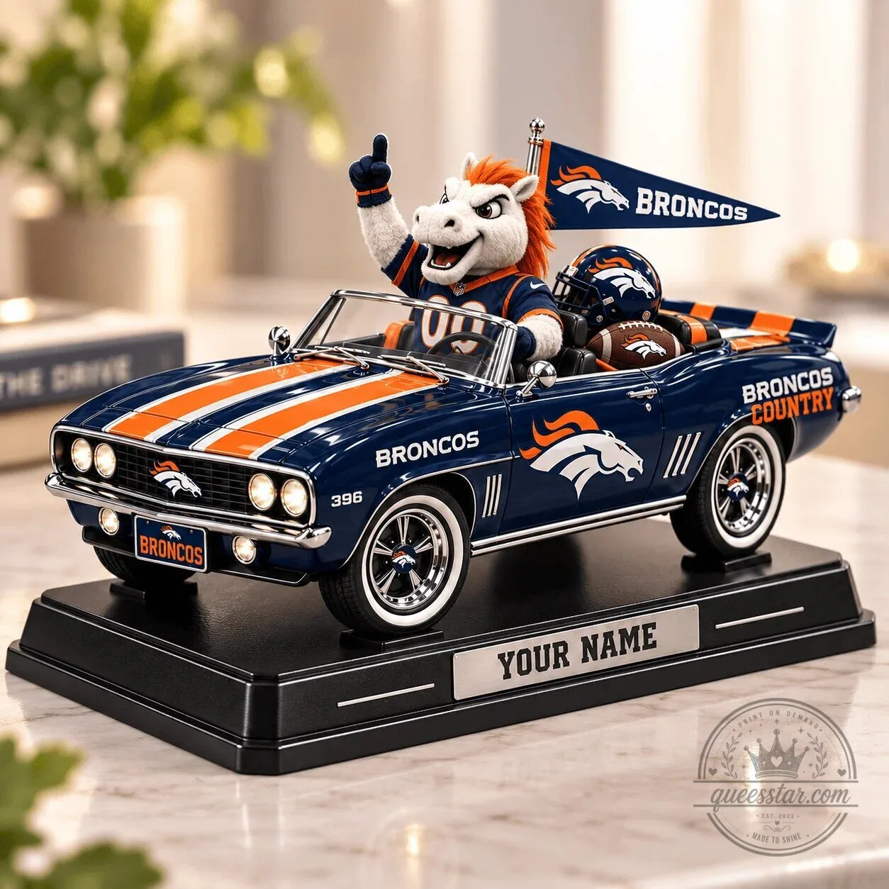 Denver Broncos NFL Mascot Convertible Car Personalized Name Figurine