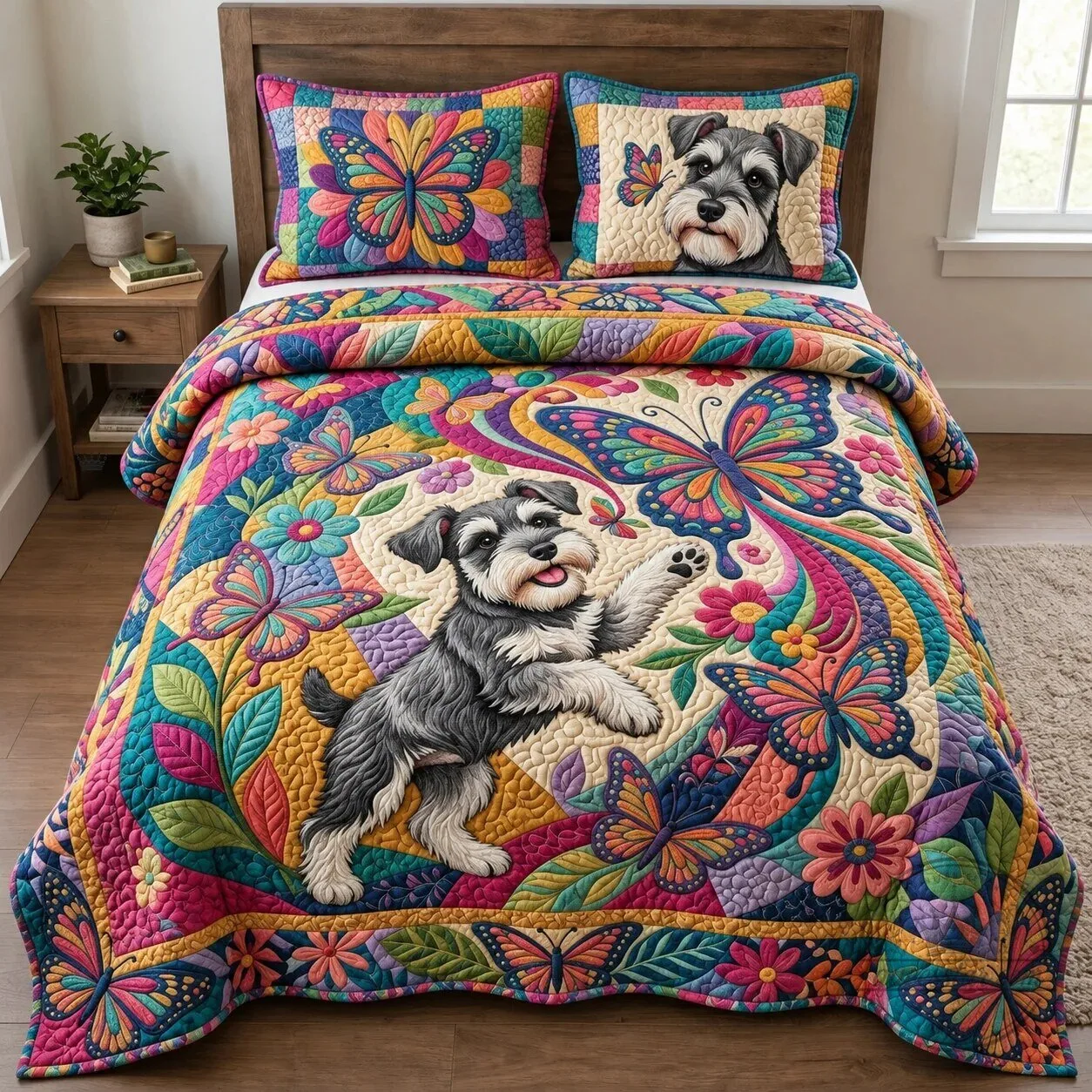 Schnauzer Butterfly Explosion Quilted Bedding Set with Pillow Shams
