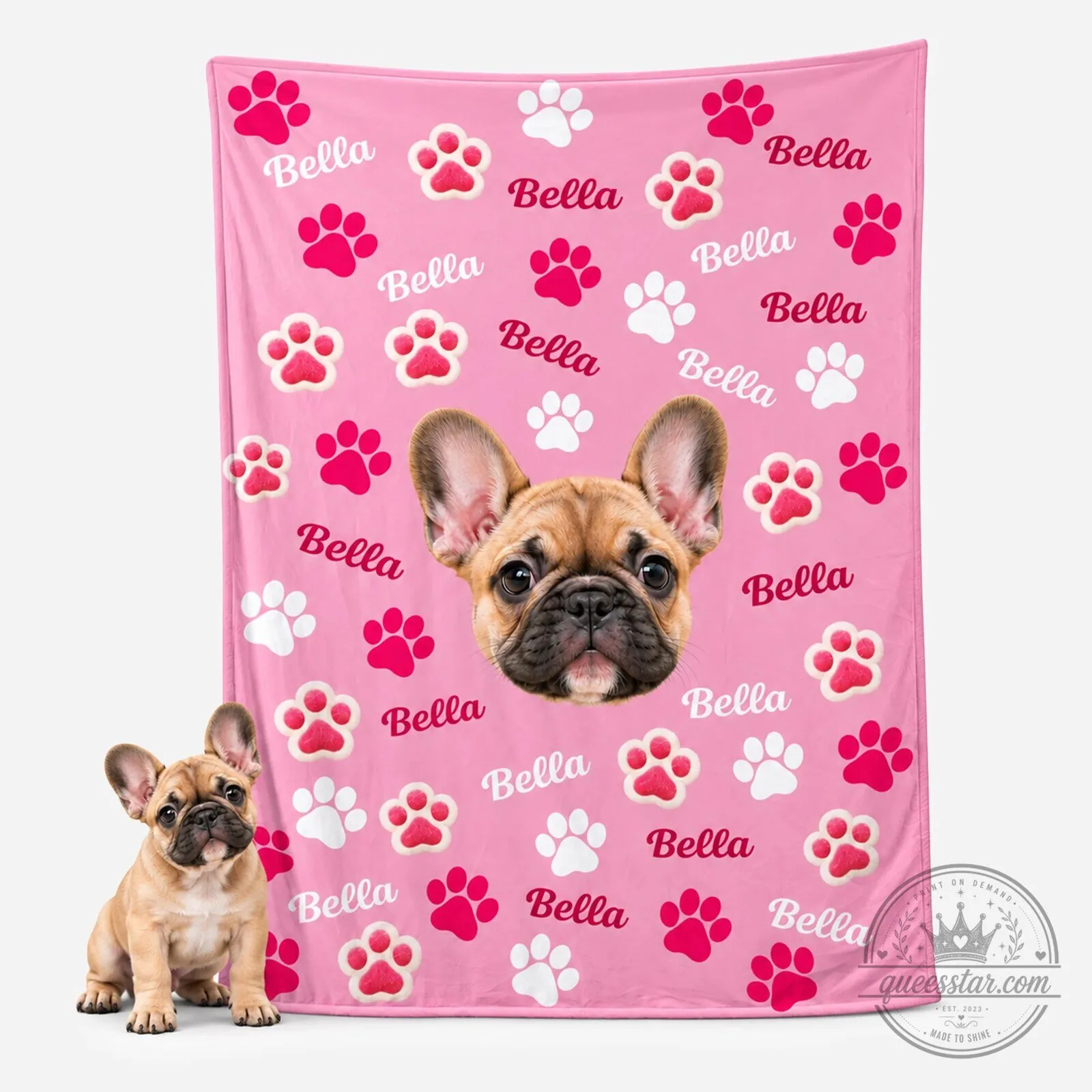 Personalized Pet Photo Blanket with Paw Prints and Custom Name for Dog Lovers
