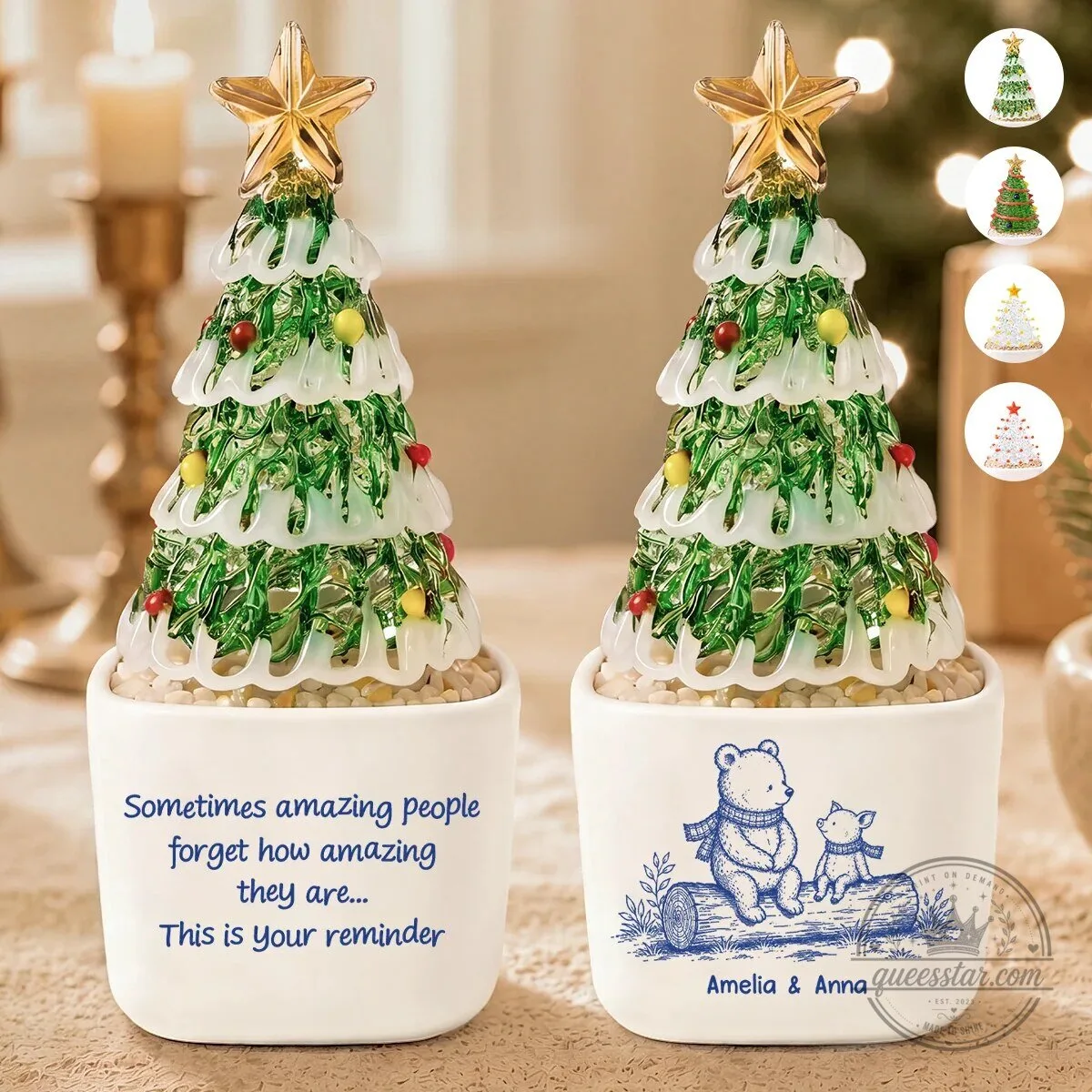 Personalized Glass Potted Christmas Tree with Bear and Piglet Design