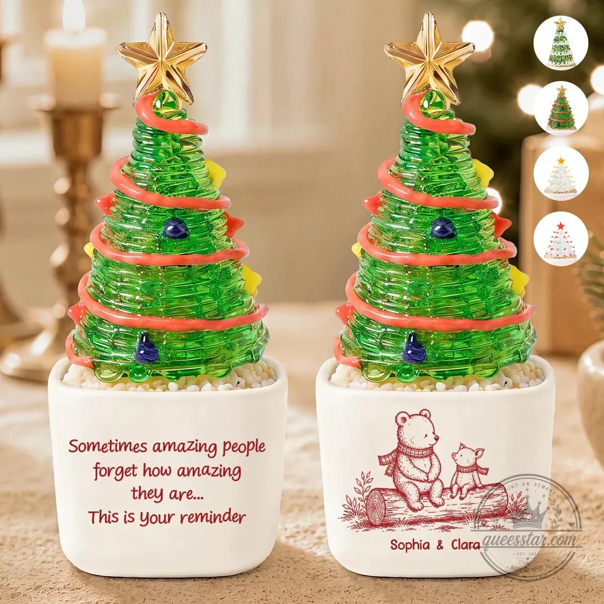 Personalized Glass Potted Christmas Tree with Bear and Piglet Design 6 Personalized Glass Potted Christmas Tree with Bear and Piglet Design