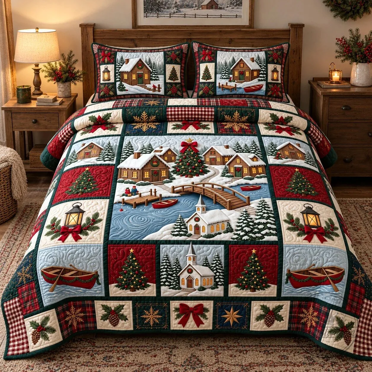 Winter Haven Lakeside Christmas Village Quilted Bedding Set