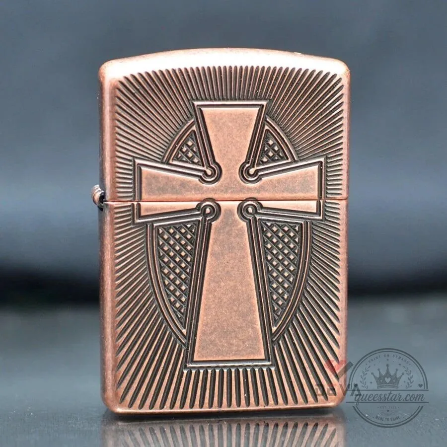 Vintage Brass Christian Cross Engraved Refillable Zippo Lighter