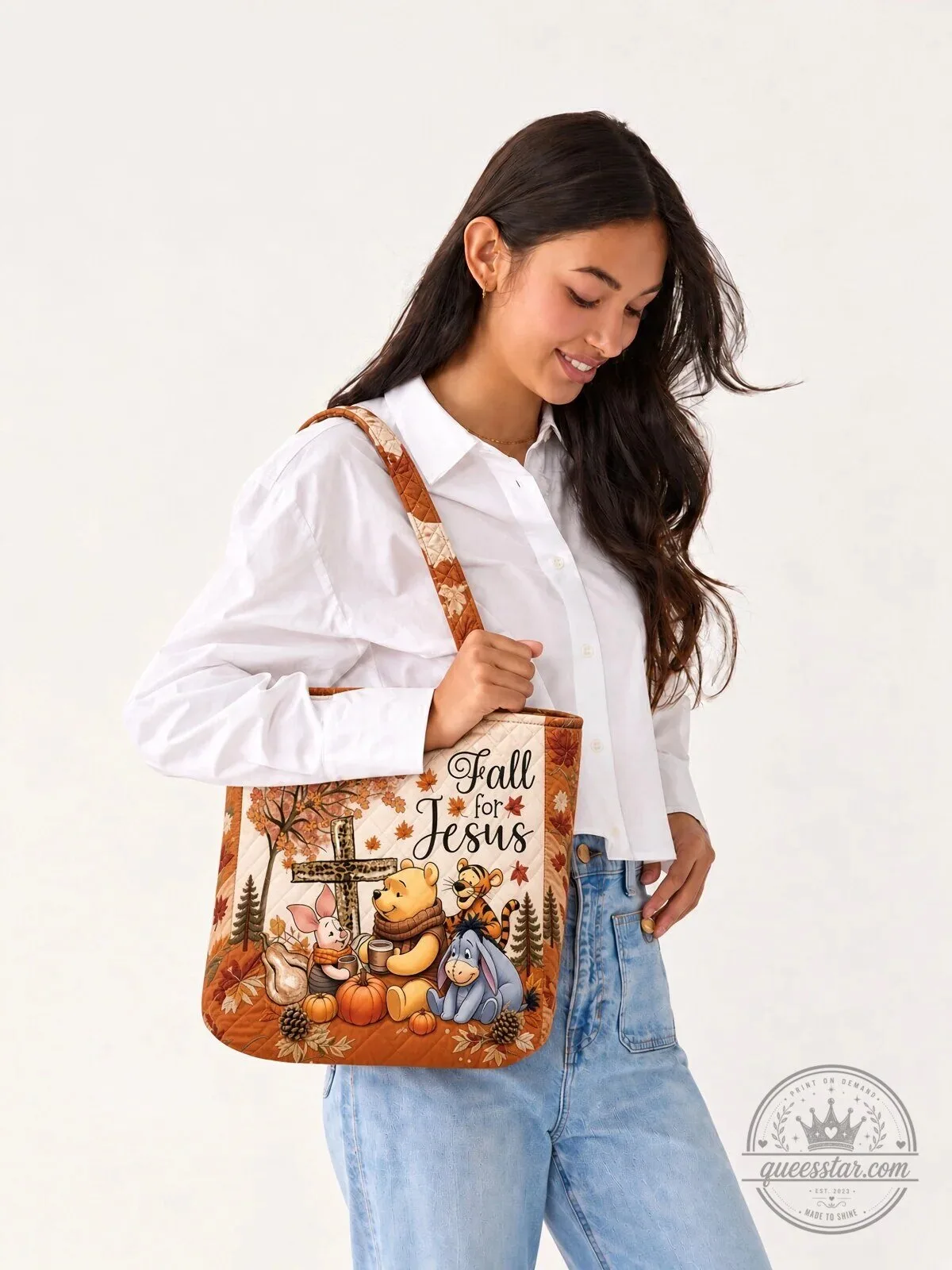 Winnie the Pooh Fall For Jesus He Never Leaves Quilted Tote Bag 8 Winnie the Pooh Fall For Jesus He Never Leaves Quilted Tote Bag