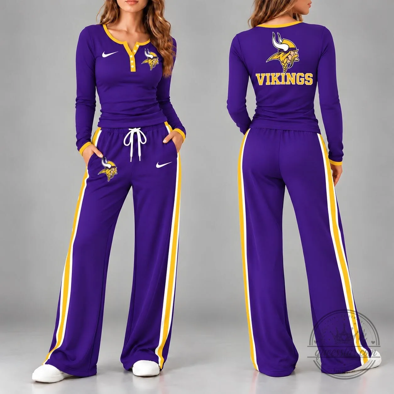 Minnesota Vikings Women's Long Sleeve Henley Shirt and Wide Leg Pants Set
