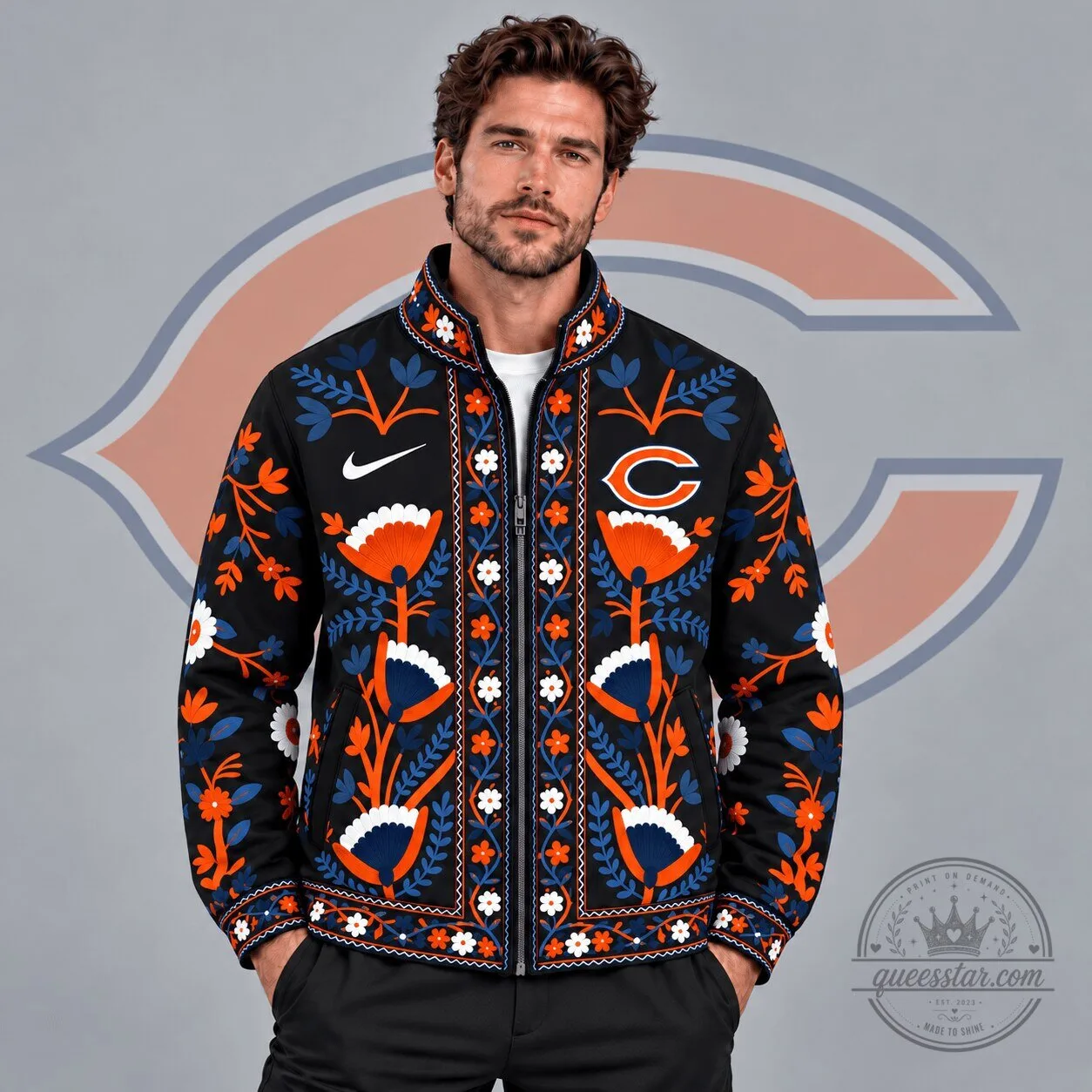 Chicago Bears NFL Vintage Folk Art Floral Print Full Zip Jacket