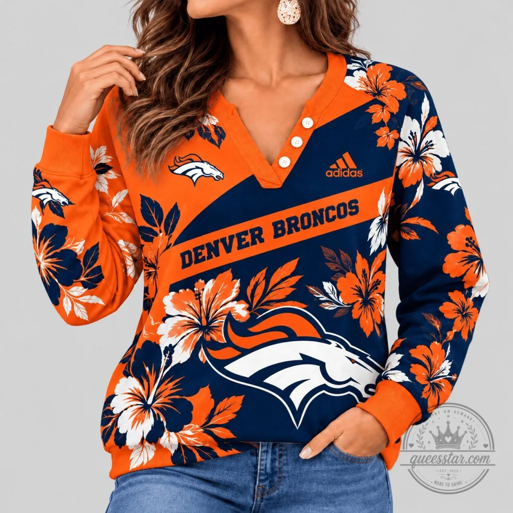 Denver Broncos Tropical Floral Henley Long Sleeve Sweatshirt Denver Broncos Tropical Floral Henley Long Sleeve Sweatshirt