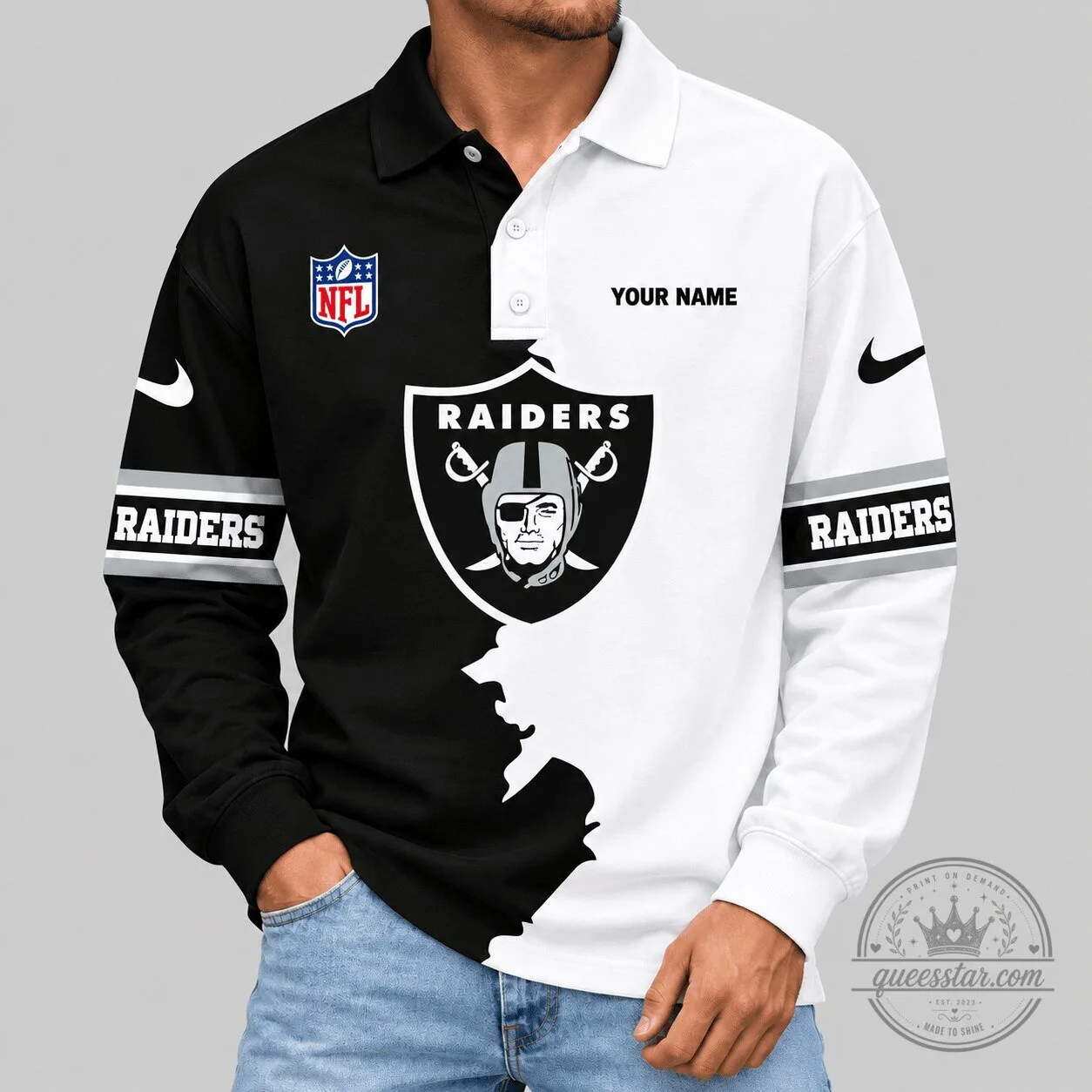 Las Vegas Raiders NFL Split Panel Black and White Long Sleeve Polo Shirt