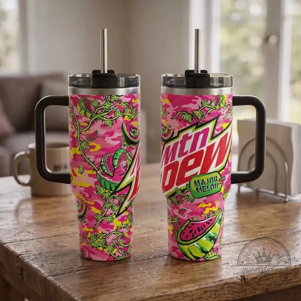 Pink Camouflage Insulated Tumbler with Handle - Mountain Dew Major Melon Design Pink Camouflage Insulated Tumbler with Handle - Mountain Dew Major Melon Design