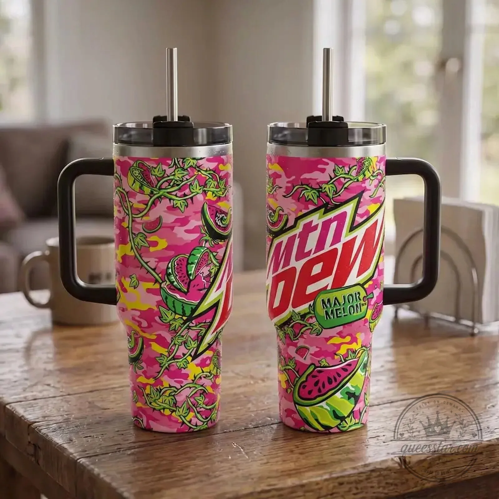 Pink Camouflage Insulated Tumbler with Handle - Mountain Dew Major Melon Design 1 Pink Camouflage Insulated Tumbler with Handle - Mountain Dew Major Melon Design