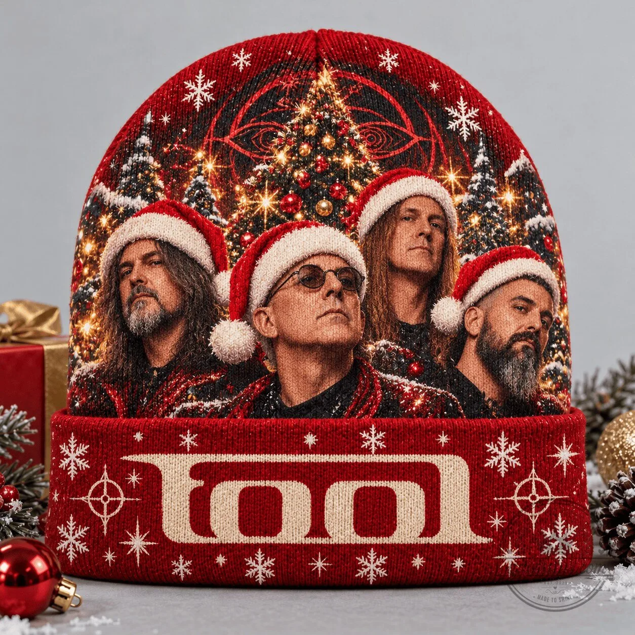Tool Band Christmas Tree Portrait Holiday Beanie Hat for Music Fans