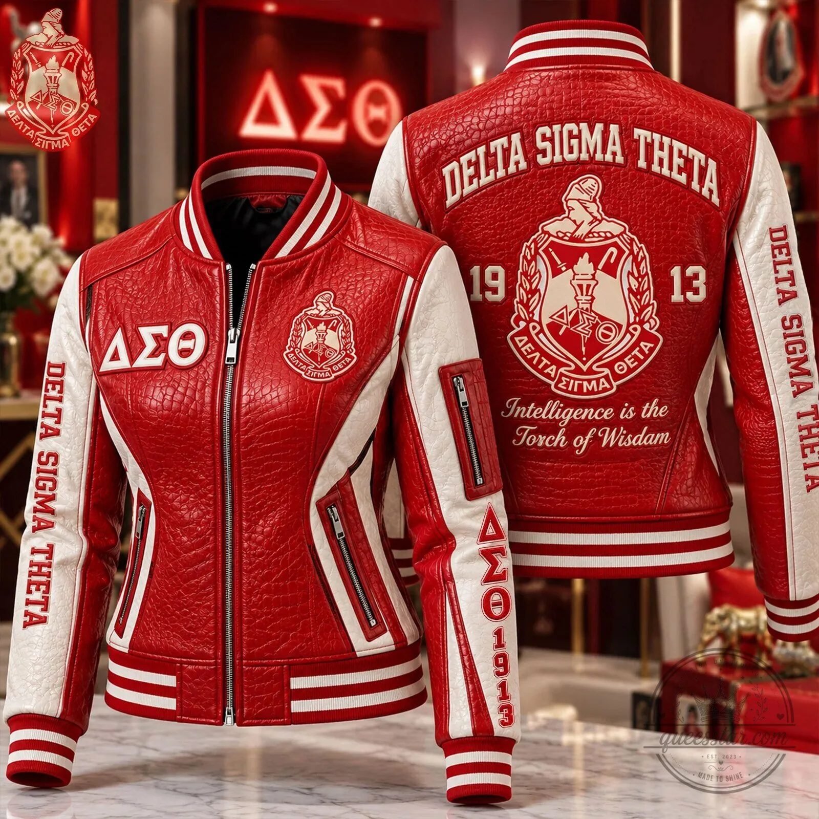 Delta Sigma Theta Sorority Red and White Bomber Jacket 4 Delta Sigma Theta Sorority Red and White Bomber Jacket