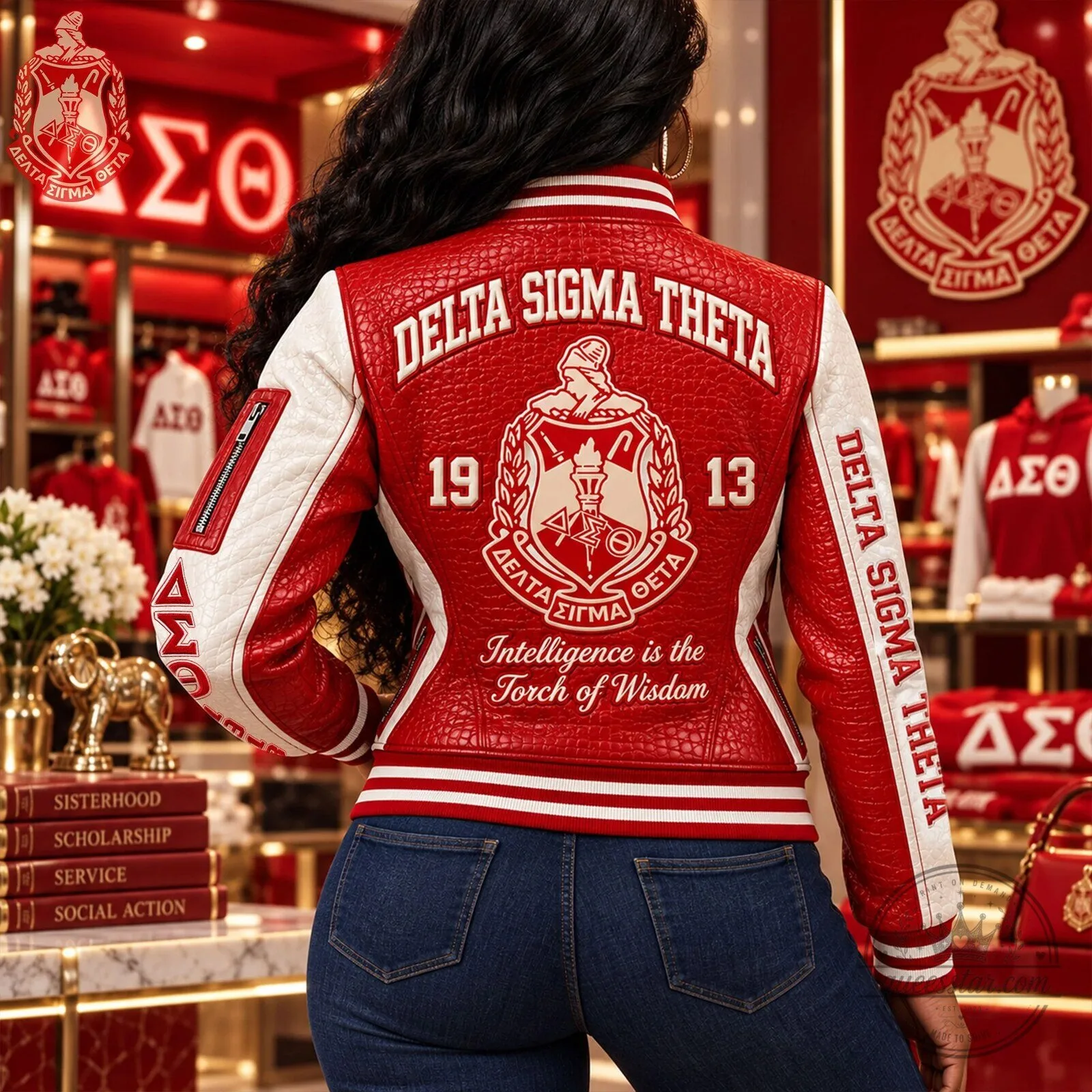 Delta Sigma Theta Sorority Red and White Bomber Jacket 6 Delta Sigma Theta Sorority Red and White Bomber Jacket