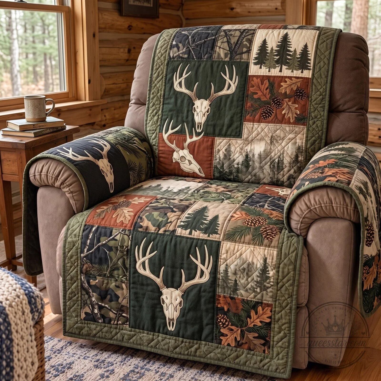 Rustic Deer Skull Camouflage Forest Quilted Recliner Furniture Protector Cover