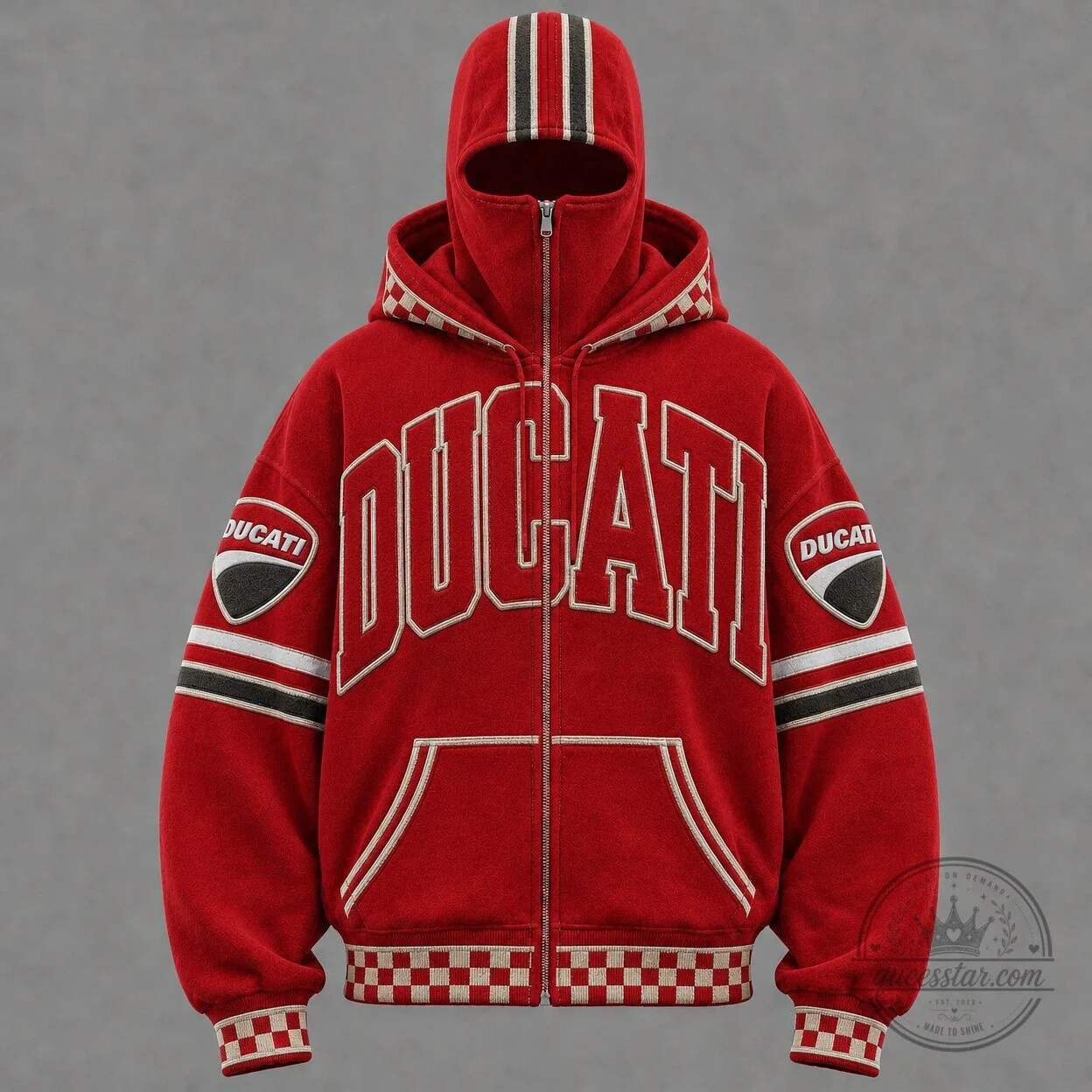 Ducati Motorcycle Racing Red Full-Zip Balaclava Hoodie for Men