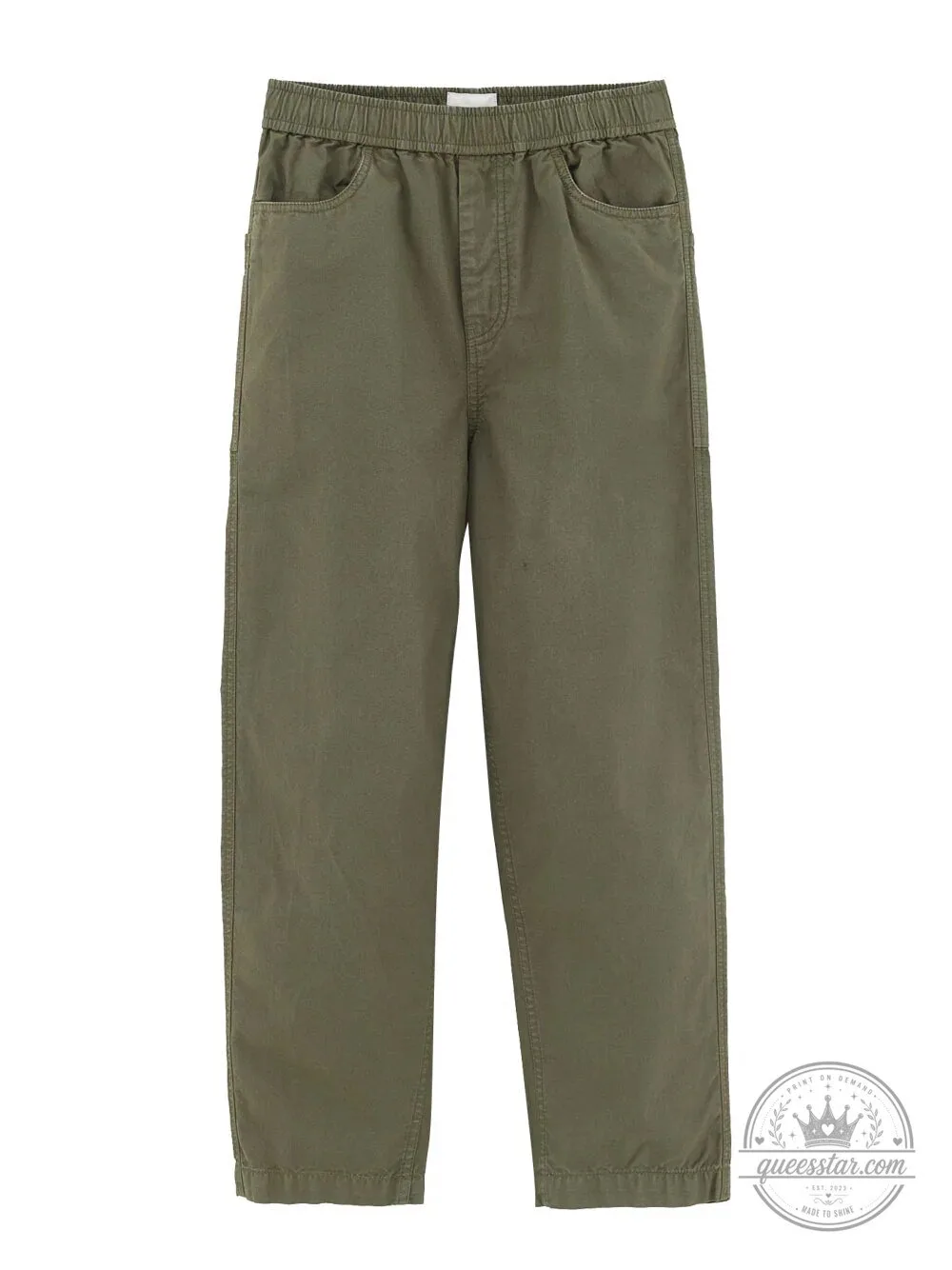 Men's Olive Green Elastic Waistband Casual Cotton Work Pants 3 Men
