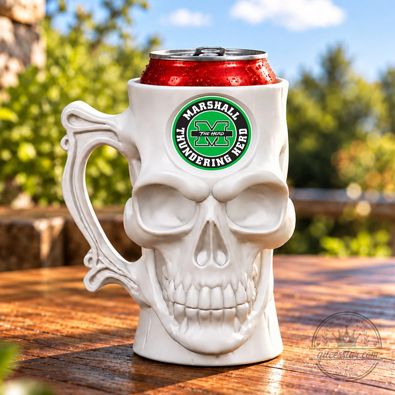 Marshall Thundering Herd Skull Can Cooler for Game Day Tailgating and Parties