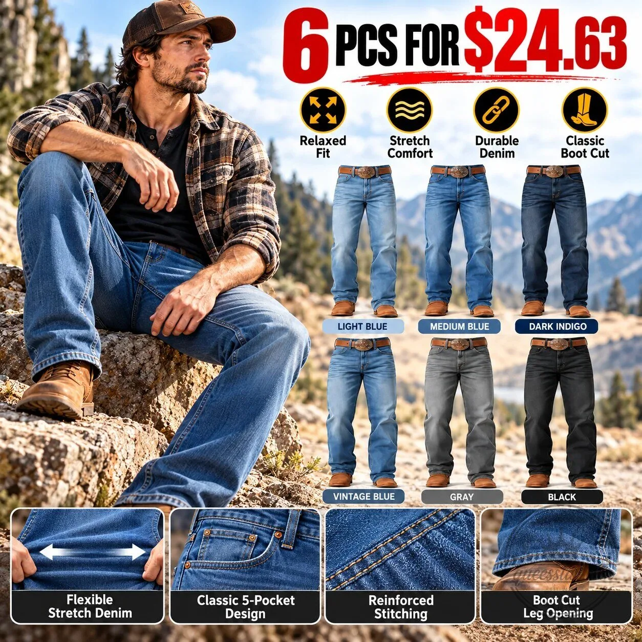 Men's Relaxed Fit Stretch Denim Classic Boot Cut Jeans with 5-Pocket Design