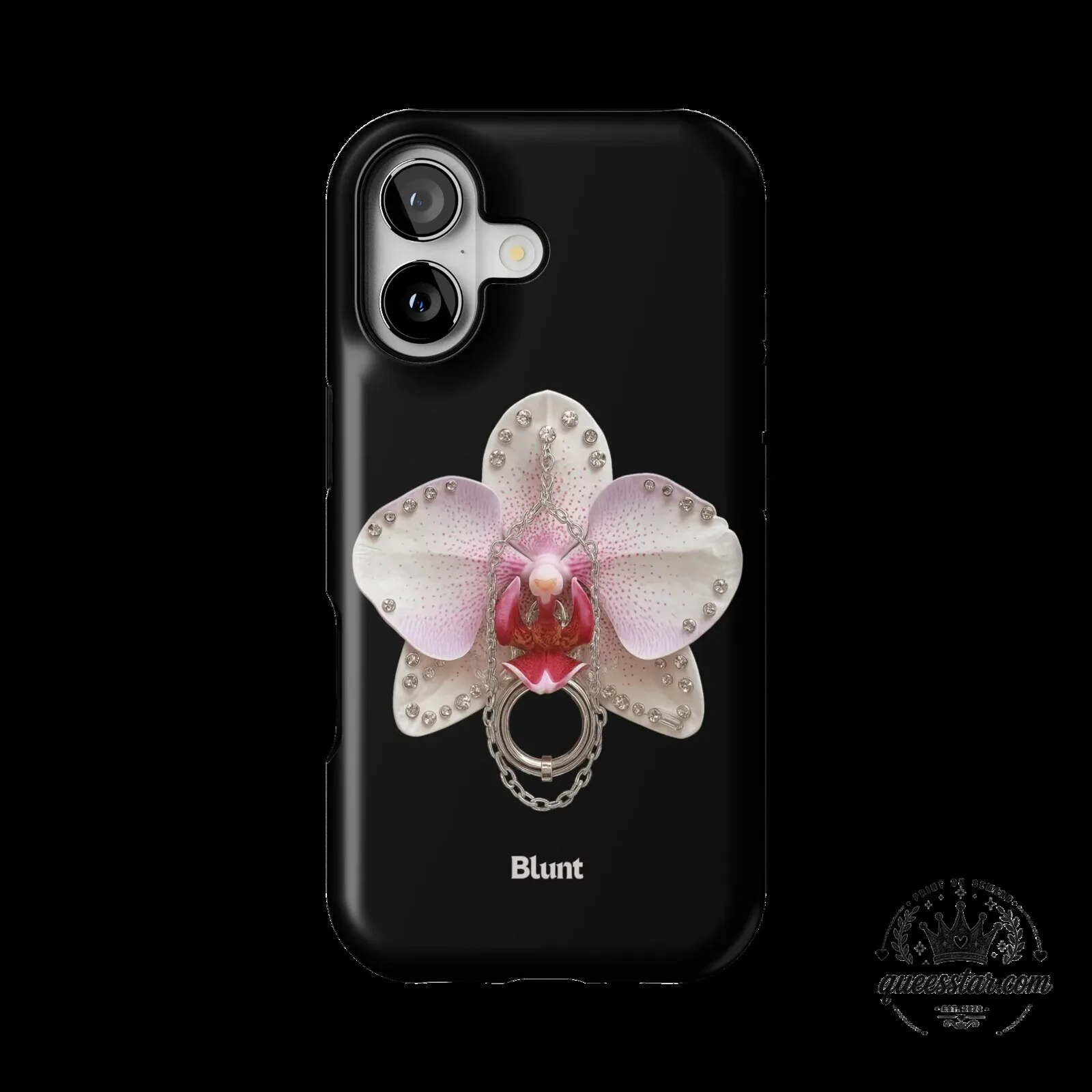 Ethereal Kiss Orchid Flower Design Black iPhone Case with Ring Holder