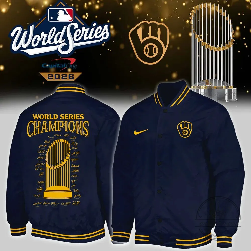 2026 World Series Champions Bomber Jacket featuring Signatures of the Milwaukee Brewers