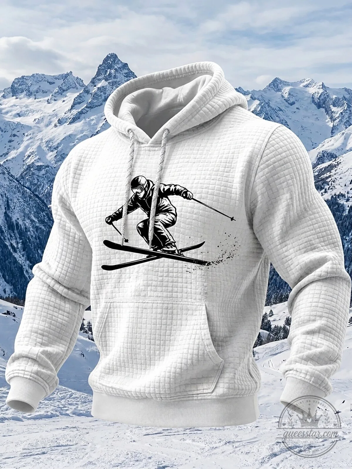 Skier Graphic Print White Waffle Knit Hoodie for Men and Women
