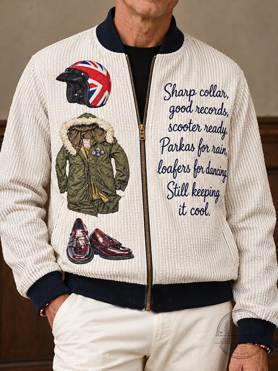 Men's British Mod Scooter Culture Corduroy Bomber Jacket with Embroidered Art