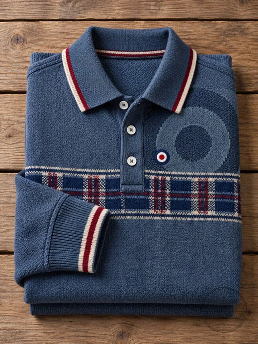 Men's Mod Target Plaid Long Sleeve Polo Shirt